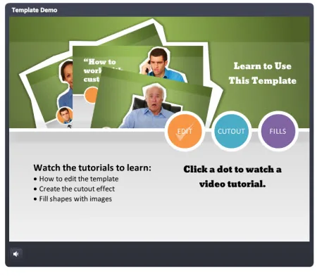 Schermata di un template PowerPoint eLearning con personaggi ritagliati e pulsanti tutorial interattivi