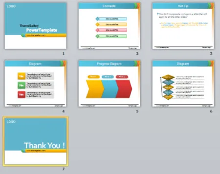 Anteprima di un template PowerPoint gratuito con layout per contenuti, diagrammi e barra di progresso per corsi eLearning