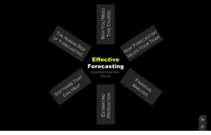 Schermata di un template PowerPoint chiamato Forecast con menu radiale e voci tematiche per corsi e-learning