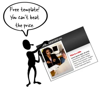 Personaggio vettoriale indica un template PowerPoint gratuito con esempio di slide e fumetto promozionale