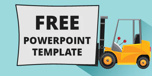 Carrello elevatore solleva un cartello con la scritta Free PowerPoint Template su sfondo azzurro