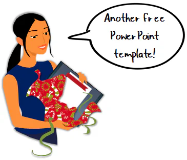 Donna stilizzata tiene un pacco regalo aperto e annuncia con un fumetto la disponibilità di un template PowerPoint gratuito