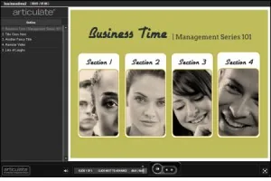 Schermata di un template PowerPoint con quattro sezioni illustrate da immagini di persone e titoli di sezione