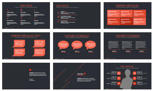 Anteprima di nove layout di slide PowerPoint con segnaposto e grafica moderna per template aziendali