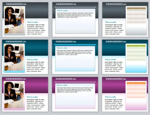 Anteprima di un template PowerPoint per onboarding con varianti di colore e font Bevan in grassetto