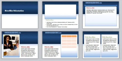 Sei diapositive di un template PowerPoint per onboarding con layout diversi e titoli evidenziati