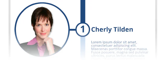 Slide di template PowerPoint con profilo di persona, nome e breve descrizione per presentare membri del team