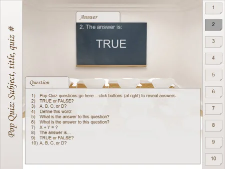 Schermata di un template PowerPoint per quiz con domande e risposte interattive in stile aula scolastica
