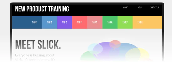 Interfaccia di un template PowerPoint con schede colorate per la navigazione e titolo New Product Training