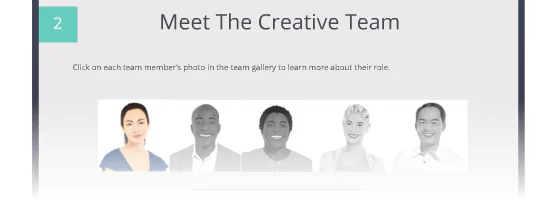 Slide di un template PowerPoint con galleria di foto dei membri di un team creativo e invito a scoprire i loro ruoli