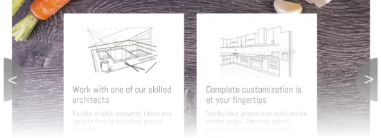 Due schede di uno slider interattivo con schizzi architettonici e testo su sfondo di legno, esempio per eLearning
