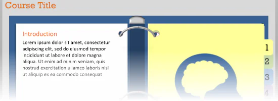 Template in stile quaderno ad anelli con navigazione a schede numerate per corsi eLearning in PowerPoint e Storyline