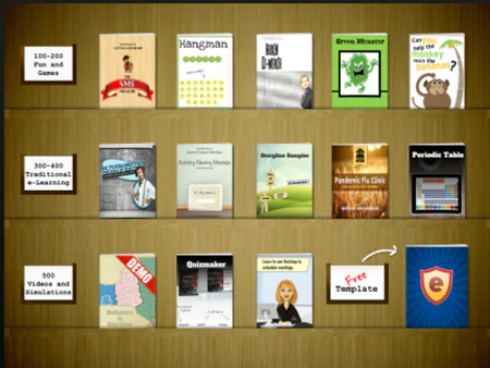 Scaffale digitale con copertine di libri cliccabili che rappresentano sezioni di formazione software e collegamenti a video