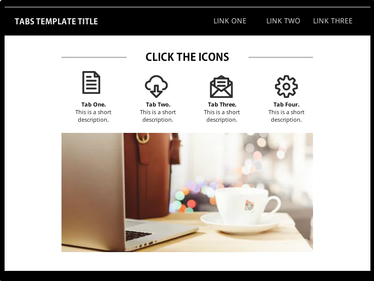 Template e-learning con icone rappresentative per navigare tra schede di contenuto e una foto di laptop con tazza di caffè