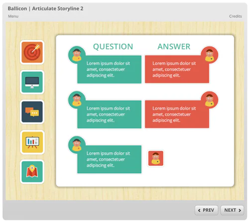 Schermata di un template e-learning in Storyline con icone colorate e layout domanda-risposta interattivo