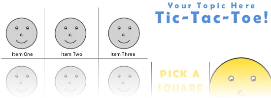 Griglia interattiva stile tris con faccine e testo per selezionare una casella, esempio di template per quiz