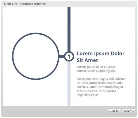 Slide di un template e-learning con timeline interattiva, cerchio numerato e testo segnaposto per processi
