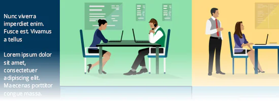 Due scene di ufficio con persone che lavorano al computer, esempio di template interattivo per PowerPoint e Storyline