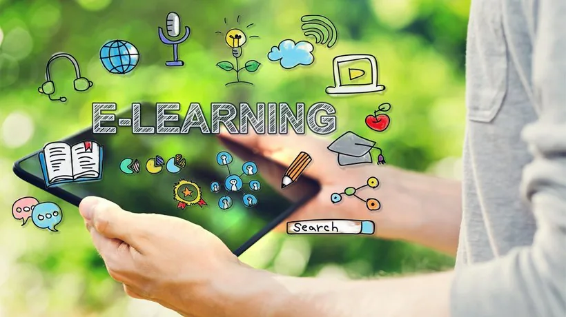 Persona tiene un tablet con icone colorate che rappresentano concetti chiave dell’e-learning come cloud, video e gamification