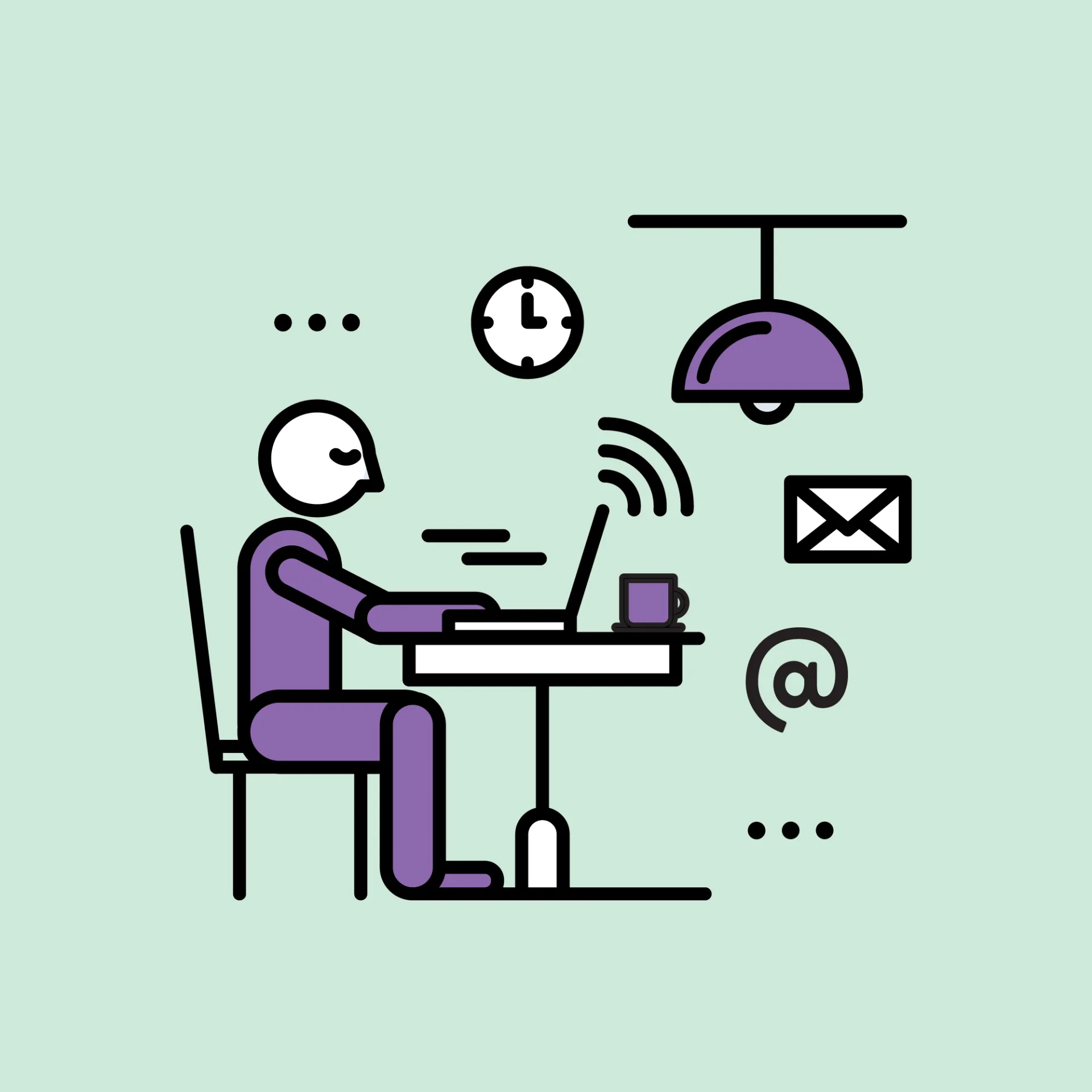 Persona stilizzata al computer che testa un corso eLearning con icone di email, orologio e connessione wireless