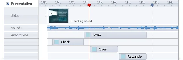 Interfaccia della timeline di Articulate Presenter ’12 con gestione di animazioni, audio e annotazioni per una slide