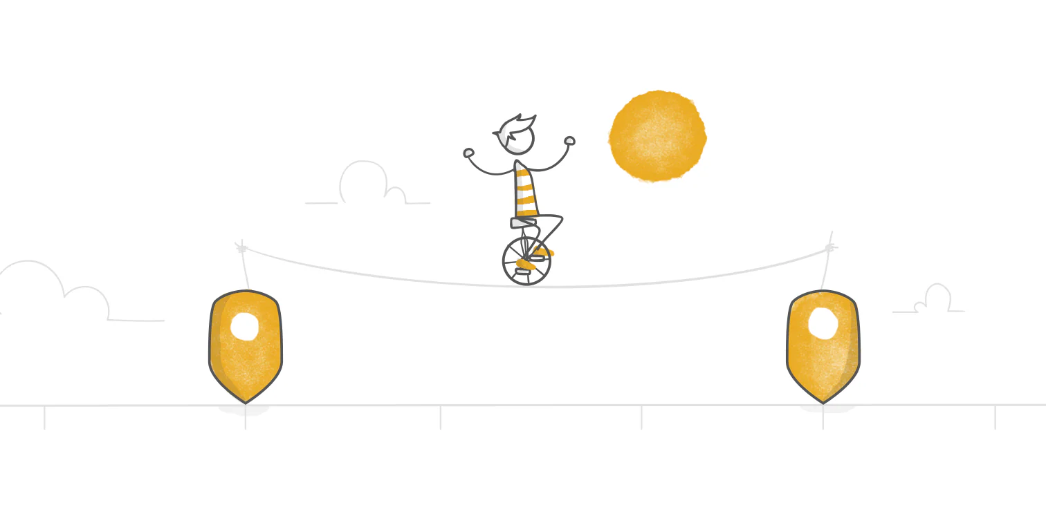 Timeline illustrata con personaggio su monociclo e indicatori gialli, esempio di modello per Storyline