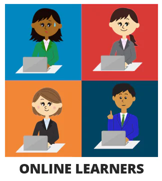 Quattro studenti stilizzati con laptop rappresentano la varietà di allievi nei corsi e-learning adattivi