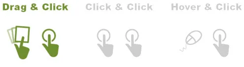 Tre tipi di interazione e-learning con icone: drag and click evidenziato, click e hover in grigio per confronto