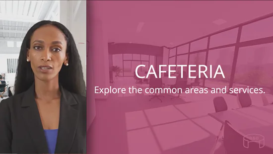 Donna presenta una visita virtuale alla caffetteria di un ufficio moderno generato con intelligenza artificiale