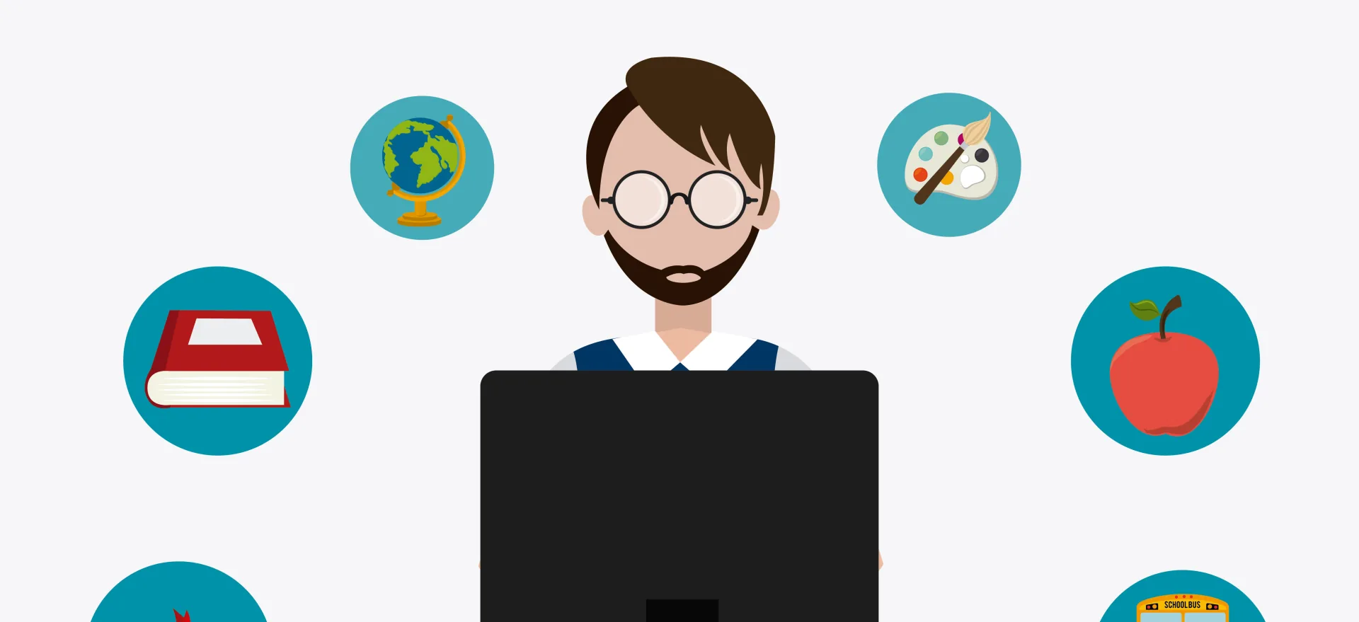 Illustrazione di un trainer al computer circondato da icone educative che rappresentano diversi ambiti di apprendimento