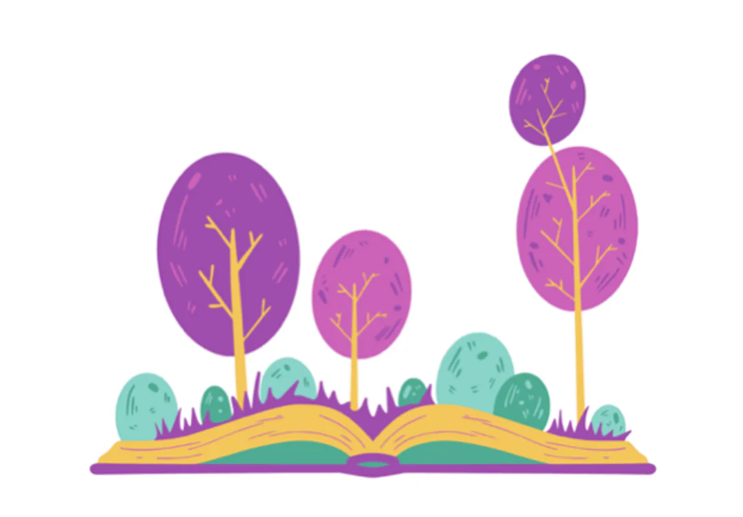 Libro aperto da cui emergono alberi stilizzati a simboleggiare la crescita della trama nello storytelling per l’apprendimento