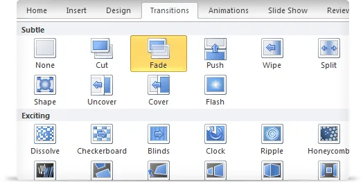 Barra delle transizioni di PowerPoint con effetti come Fade, Dissolve e Split per creare corsi e-learning interattivi