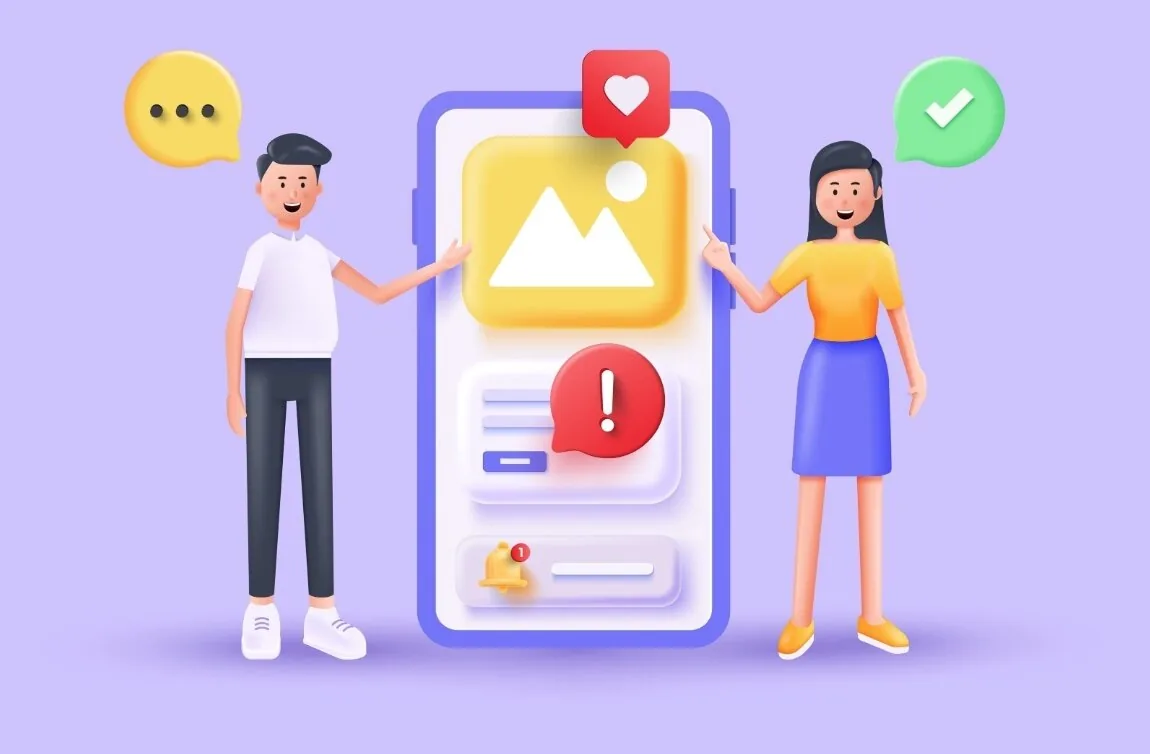 Due persone indicano uno schermo mobile con icone che rappresentano accessibilità, attenzione e approvazione
