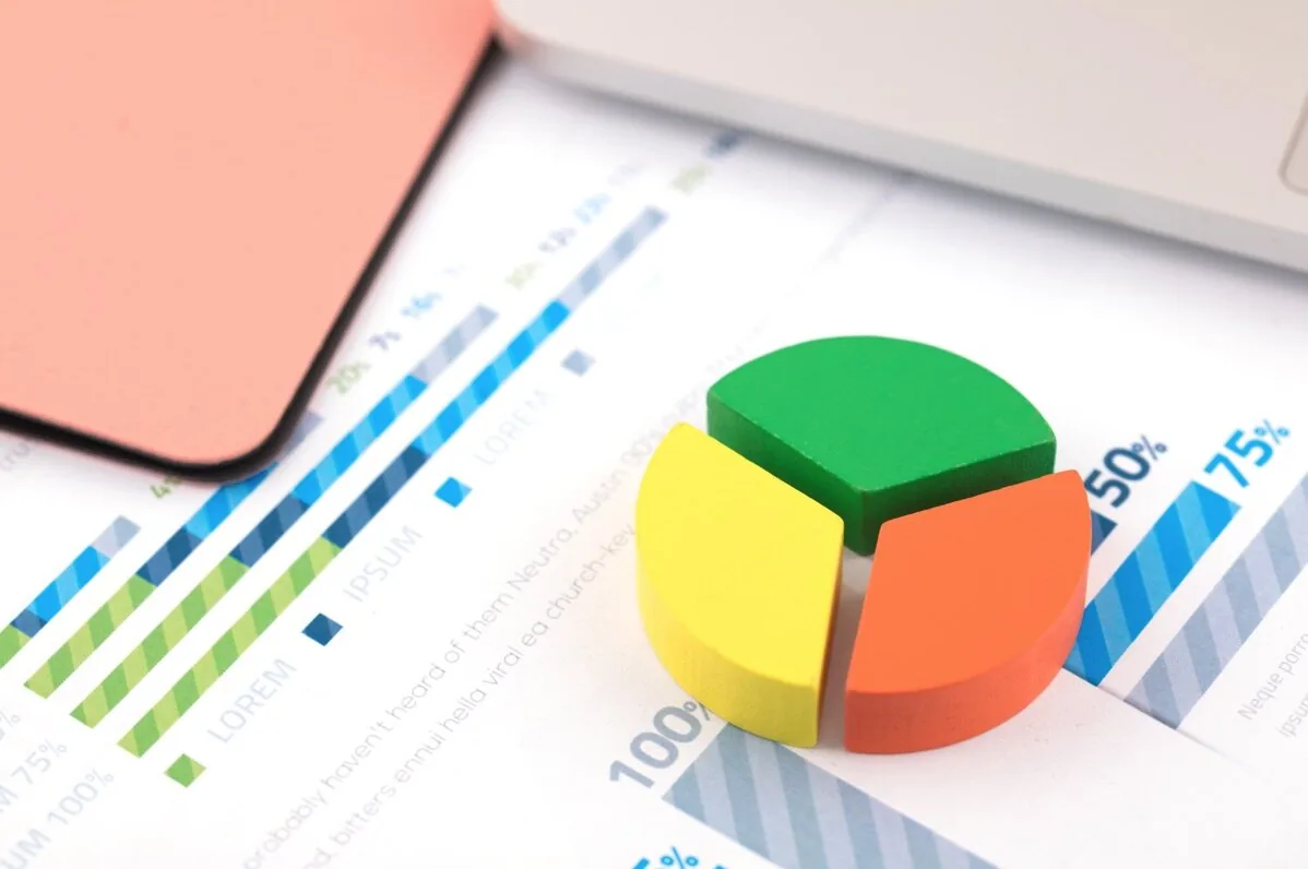 Grafico a torta colorato su documenti con barre percentuali che rappresentano i trend e-learning 2024