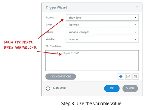 Finestra Trigger Wizard che mostra come visualizzare un feedback personalizzato in base al valore di una variabile