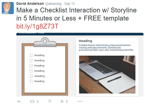 Tweet di David Anderson su una checklist interattiva con Articulate Storyline e template gratuito per e-learning