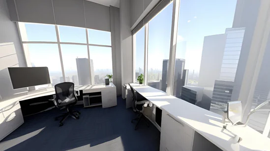 Vista panoramica di un ufficio moderno generata con intelligenza artificiale per simulazioni e-learning
