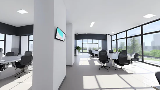 Vista panoramica di un ufficio moderno generato con intelligenza artificiale per creare ambienti 360° nell’e-learning