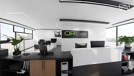 Vista panoramica a 360 gradi di un ufficio moderno generato con intelligenza artificiale per ambienti e-learning immersivi