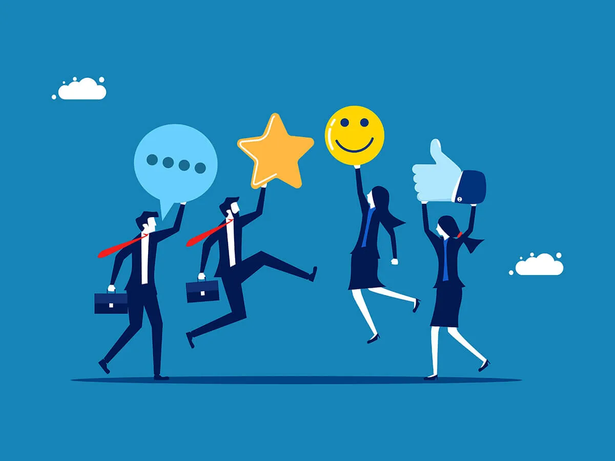 Quattro figure stilizzate in abiti professionali sollevano simboli di comunicazione, stella, sorriso e like