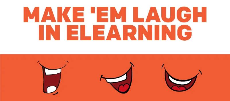 Tre bocche stilizzate che ridono sotto il titolo Make 'em laugh in eLearning per illustrare l'umorismo nei corsi digitali