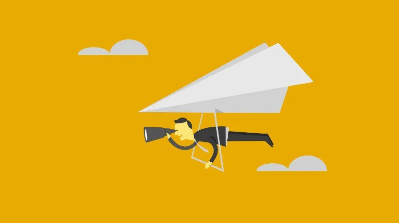 Persona stilizzata vola su un aeroplano di carta osservando con un cannocchiale, simbolo di nuove opportunità nell’e-learning