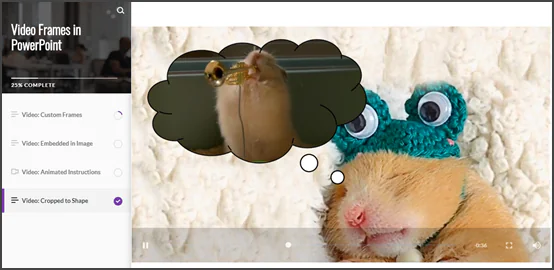 Schermata di un corso Rise con un video personalizzato in PowerPoint che mostra un criceto con cappello verde e fumetto