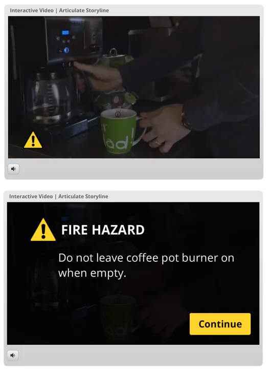 due schermate di un video interattivo con Articulate Storyline mostrano una caffettiera e un avviso di pericolo incendio