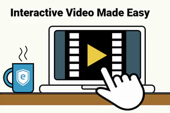 Illustrazione di un computer con video interattivo in riproduzione e una mano che clicca su play, tema e-learning