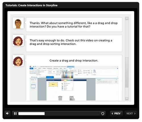 Schermata di un video interattivo Engage con dialoghi e tutorial drag and drop per e-learning