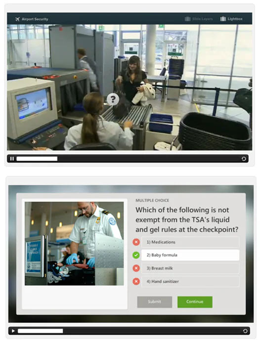 Due schermate mostrano un video interattivo e un quiz sulla sicurezza aeroportuale in un corso e-learning