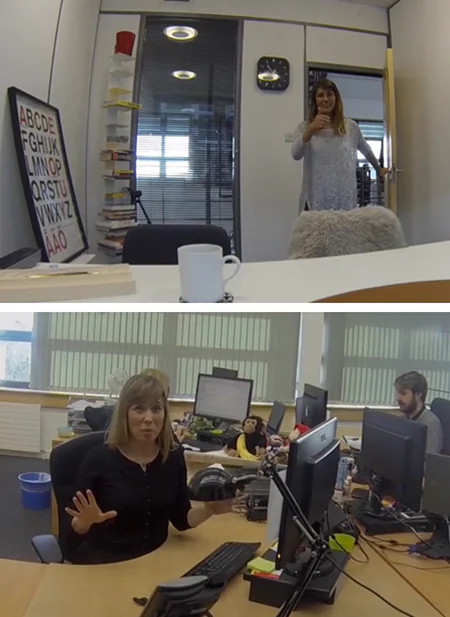 Due scene d’ufficio riprese in prima persona con GoPro per simulare scelte interattive in un video scenario e-learning