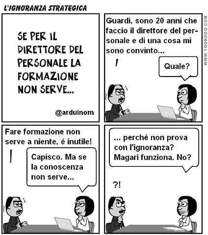 Vignetta umoristica con Palmiro e un direttore del personale che discutono sull'inutilità della formazione aziendale