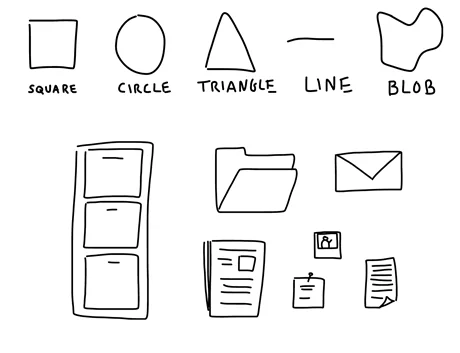 Bozzetti di forme geometriche semplici e oggetti comuni per esercitare il visual thinking nell’e-learning